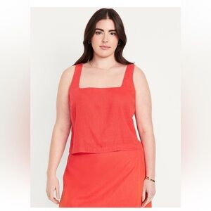 Old Navy Cropped Square Neck Linen Blend Top in Bright Coral, NWT